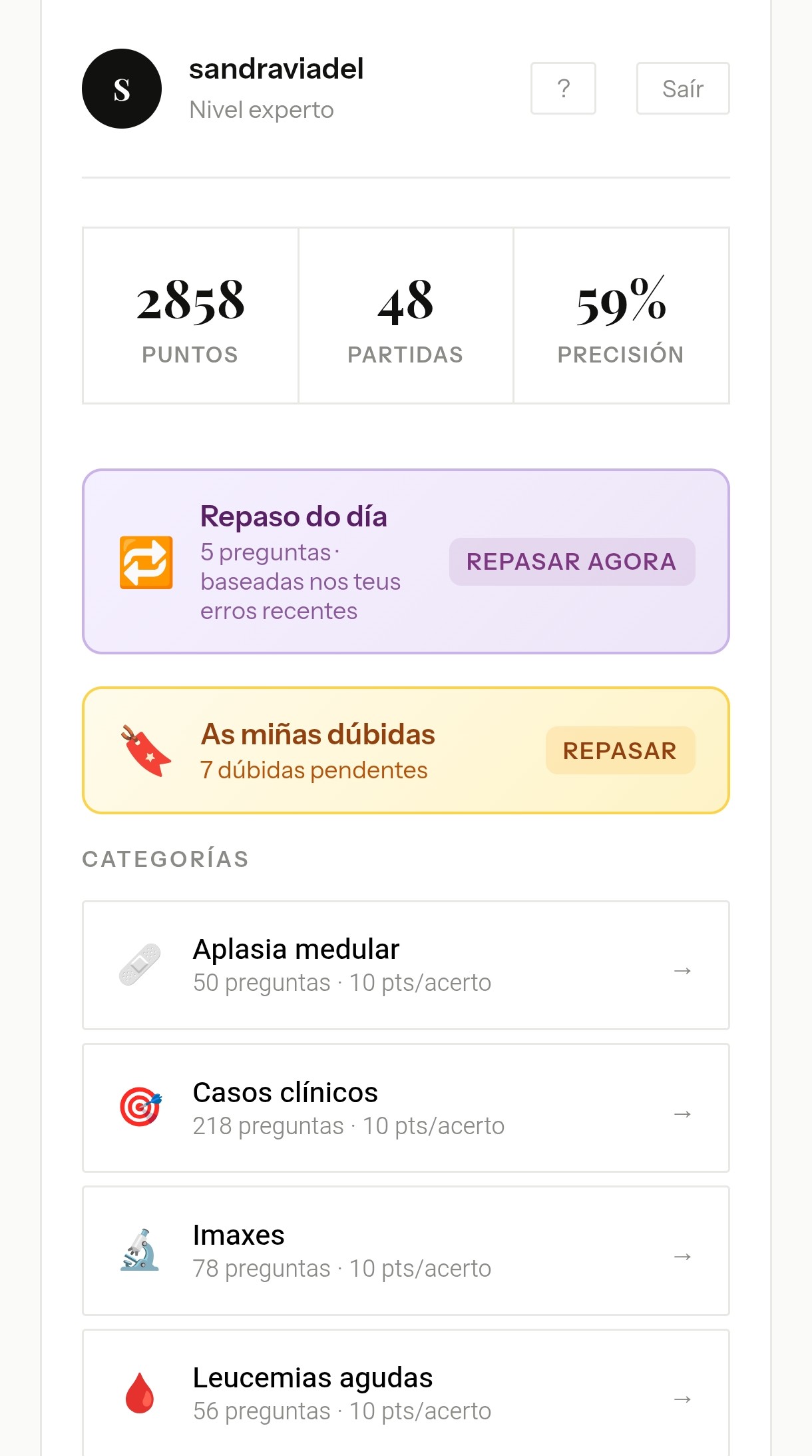 Pantalla de inicio con perfil, accesos rápidos e categorías