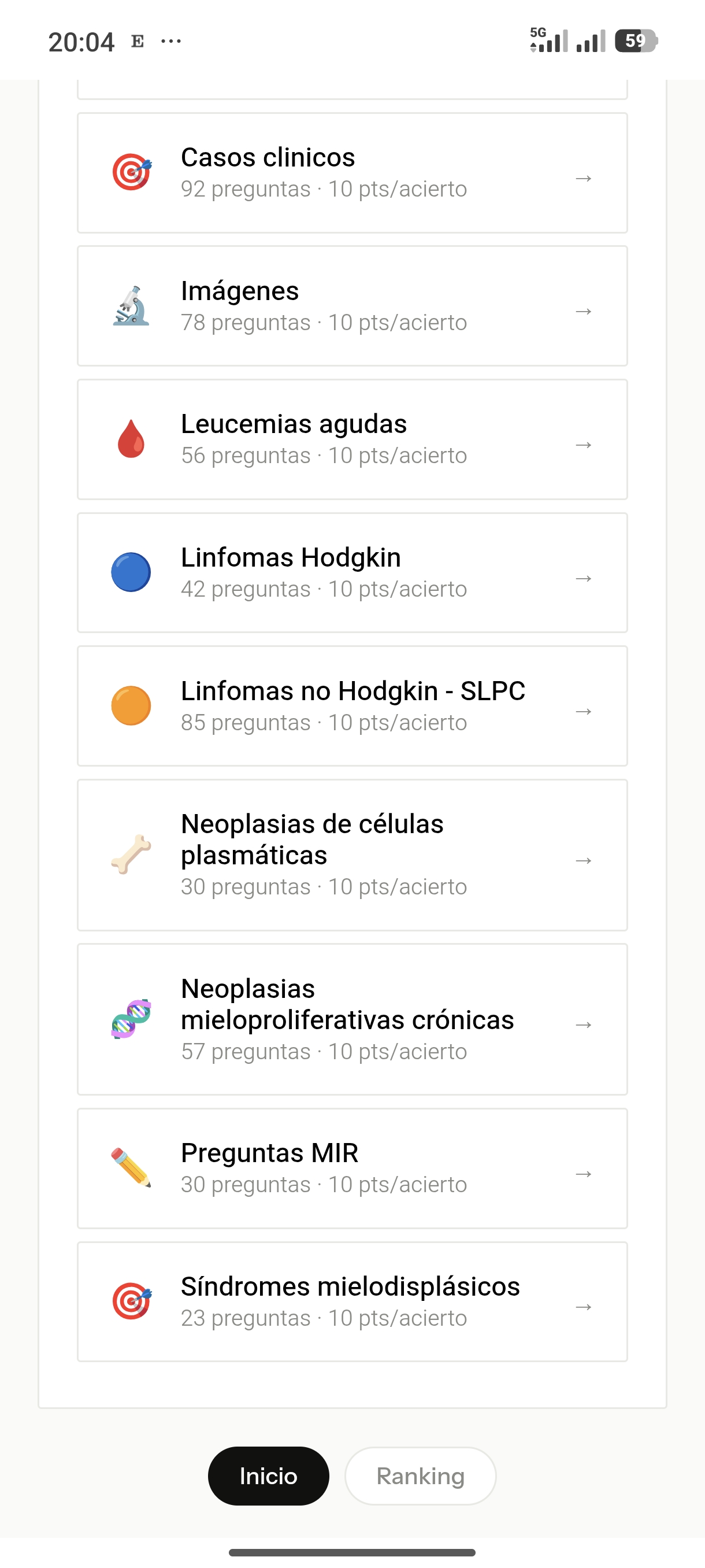 Lista completa de categorías con número de preguntas disponibles