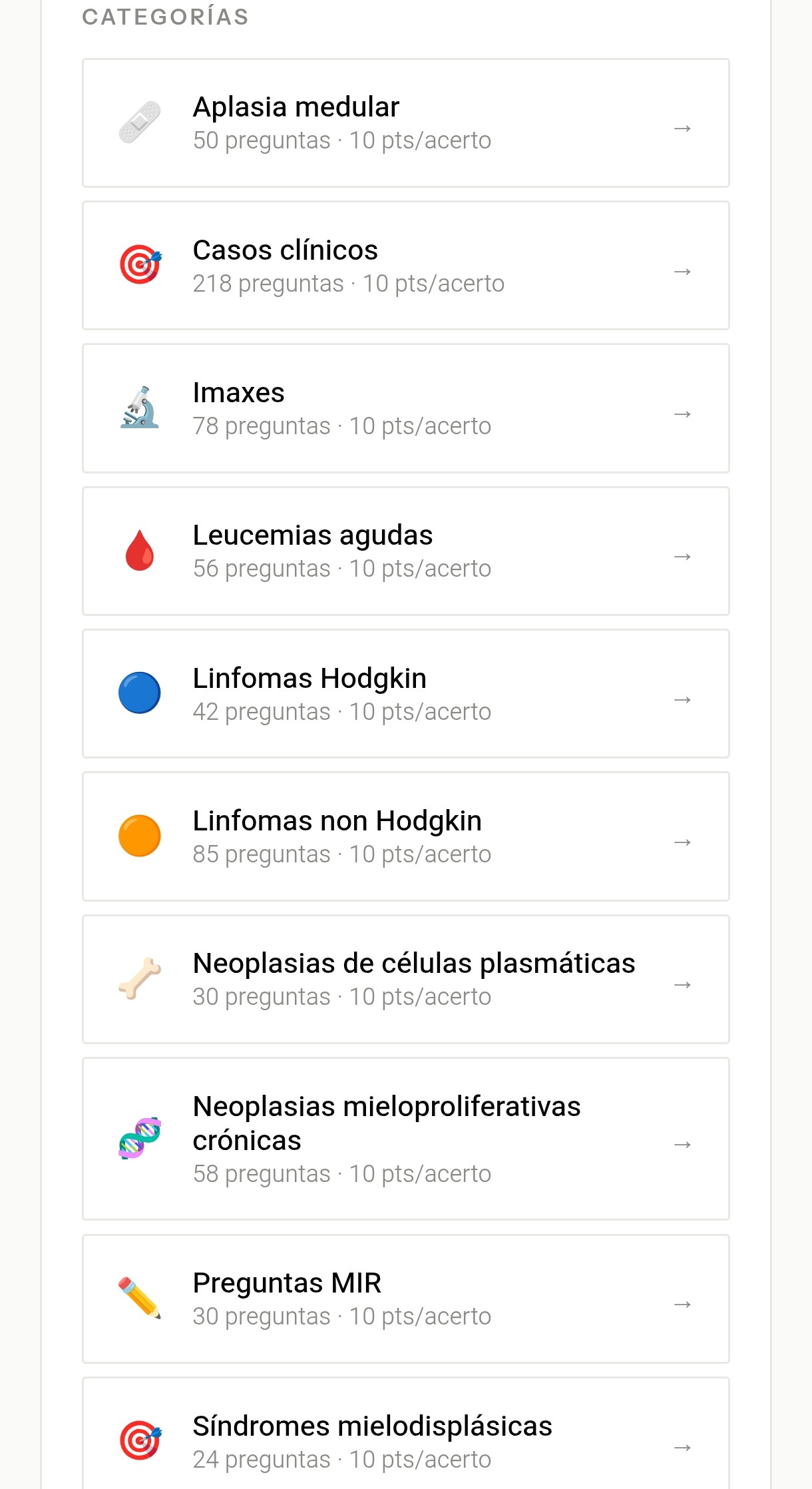 Lista completa de categorías co número de preguntas dispoñibles