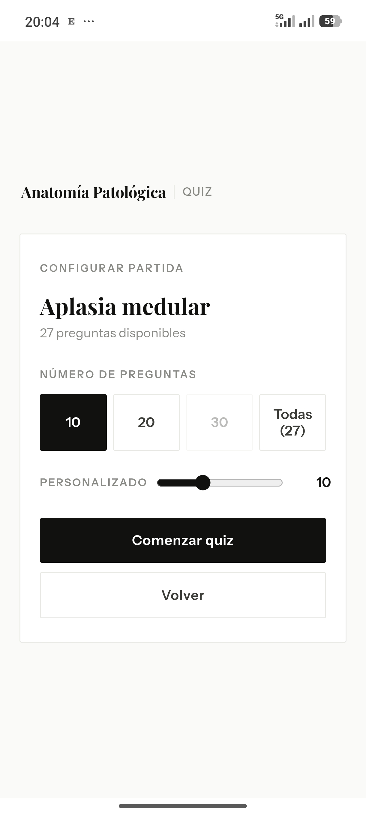 Pantalla de configuración: elige el número de preguntas