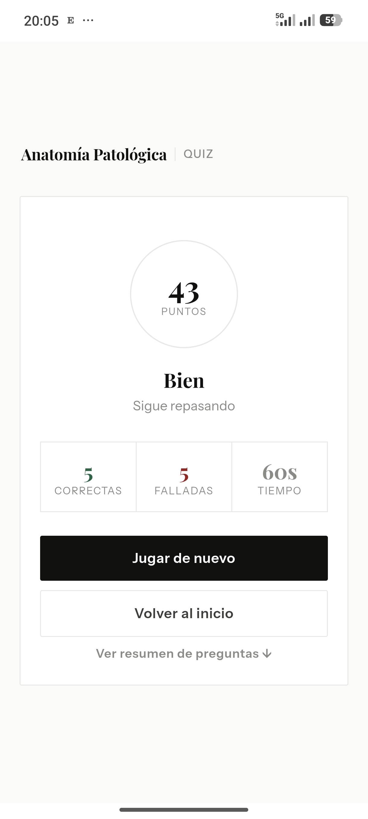 Pantalla de resultados con puntuación y resumen