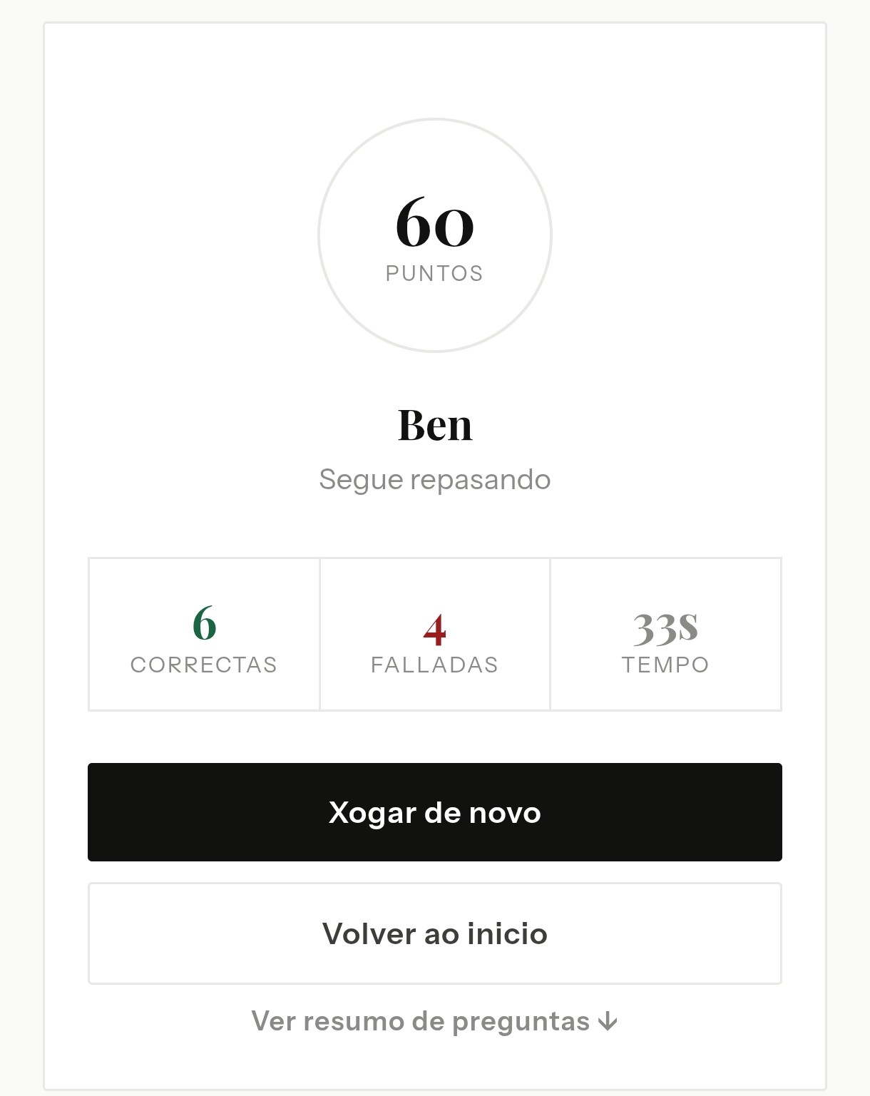 Pantalla de resultados con puntuación e resumo