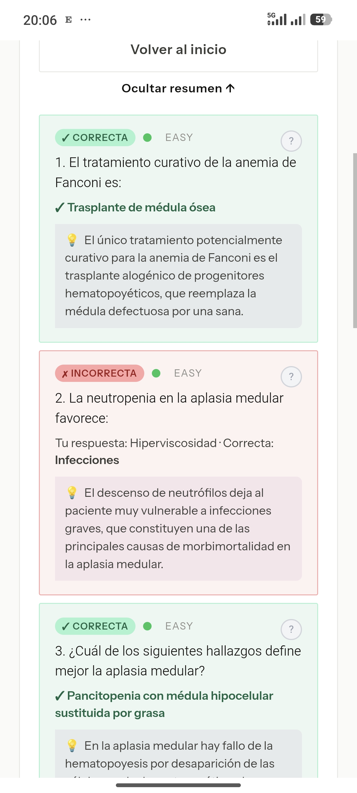 Detalle de resultados: correctas en verde, incorrectas en rojo, con comentario explicativo