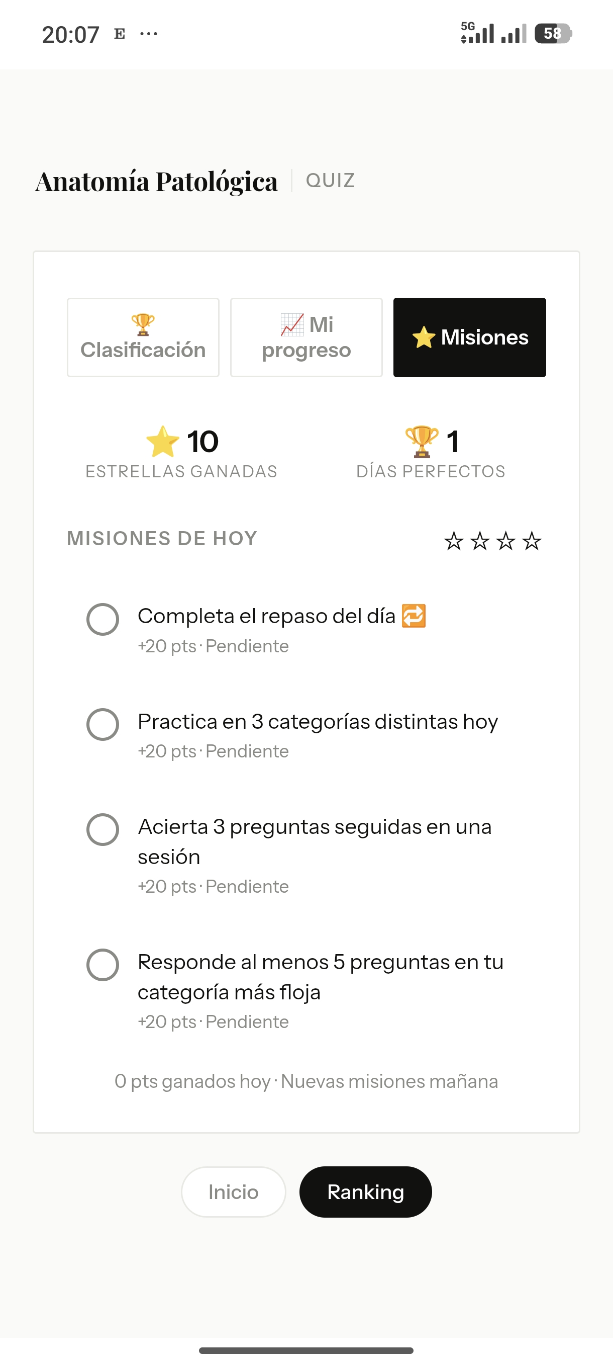 Misiones del día con estrellas y días perfectos acumulados