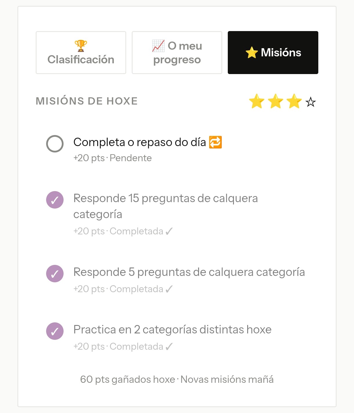 Misións do día con estrelas e días perfectos acumulados